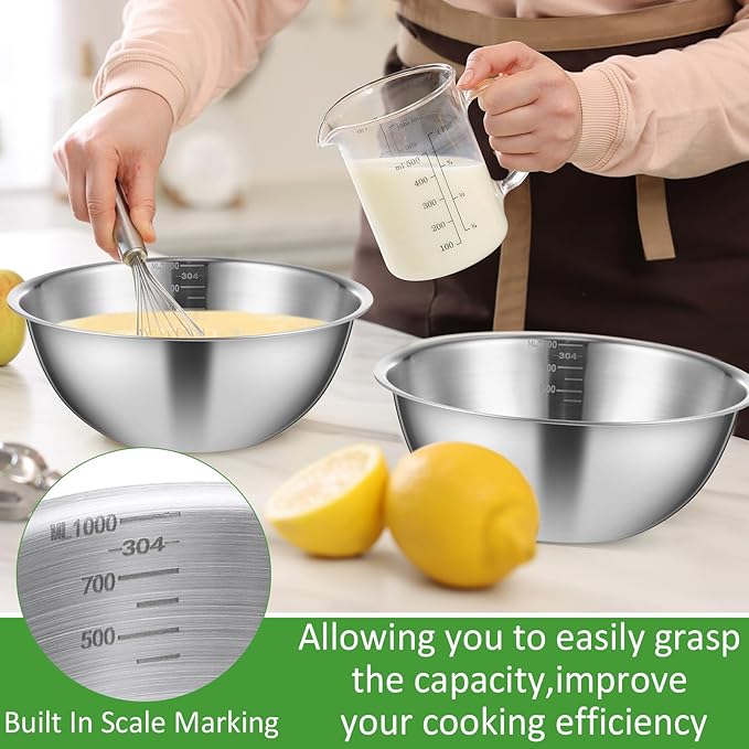 Honeydak 6 Pcs 304 Stainless Steel Mixing Bowls with Graduations, Salad Bowls Metal Serving Reusable Baking Food Storage Containers for Baking Cooking Salads Soups Ice Cream Noodles (101 oz)