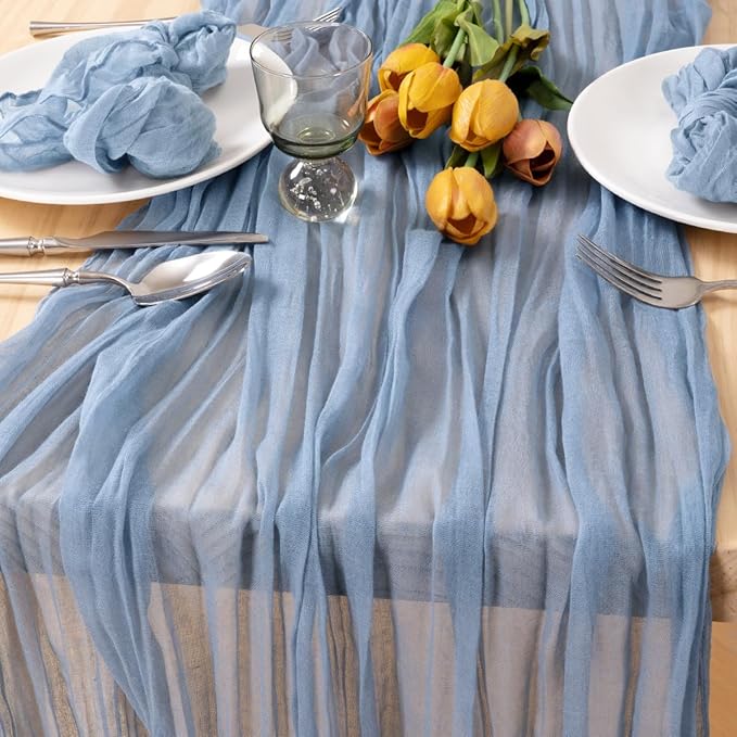MLMC 12 Pack Dusty Blue Table Runner 10ft Boho Gauze Cheesecloth Table Runner 35x120 Inches Rustic Cheese Cloth Centerpiece for Wedding Bridal Shower Baby Shower Party Decor