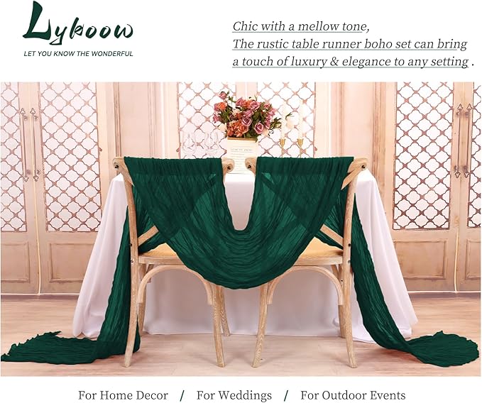 15 Packs Cheesecloth Table Runner Emerald Green,10 Ft Dark Green Rustic Gauze Boho Wedding Table Runner Decoration, Wedding Table Decor for Wedding Party Bridal Shower Table,21.5x120in