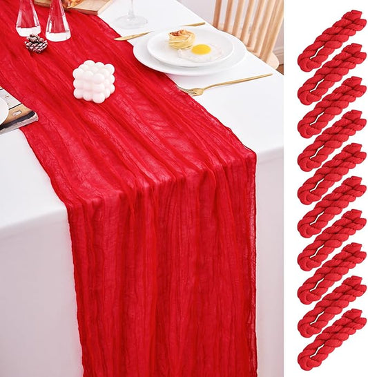 10 Pack Red Table Runner 120 Inch Cheesecloth Table Runner 10FT Rustic Boho Gauze Table Runner Long Cheese Cloth Table Runner Semi Sheer Runners for Wedding Bridal Baby Shower Party