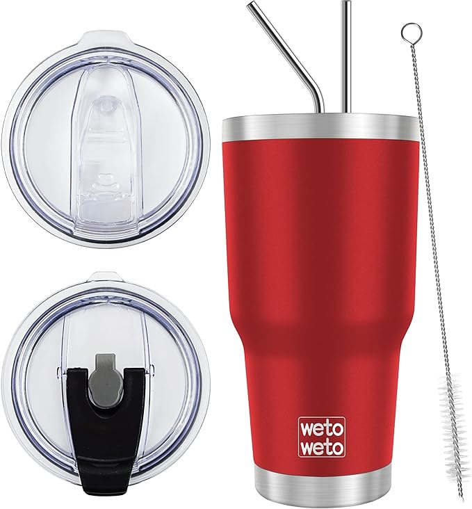 WETOWETO 30 oz Insulated Tumbler With 2 Lids and 2 Straws, Stainless Steel Double Vacuum Coffee Tumbler Cup, Powder Coated Travel Mug for Home, Office, Travel, Party (Harvest Red, 1 Pack)