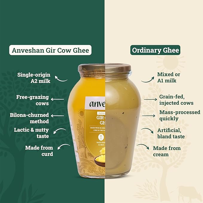 Anveshan A2 Gir Cow Ghee Clarified Butter 33 Fl. Oz/1000mL | Grass-Fed | Pasture-Raised | Gut Friendly | Keto Friendly | High Smoke Point | Sustainably Sourced | Casein Free