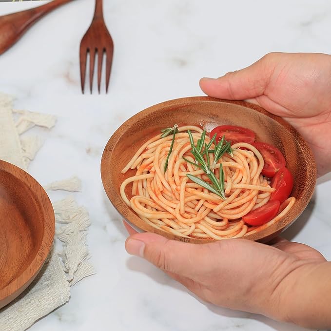 Acacia Wood Serving Bowls, 6 Inch Handcrafted Wooden Individual Bowls Set of 2 for Food/Soup/Salad/Pasta, Use as Snack Holder Plate for Kitchen and Dining