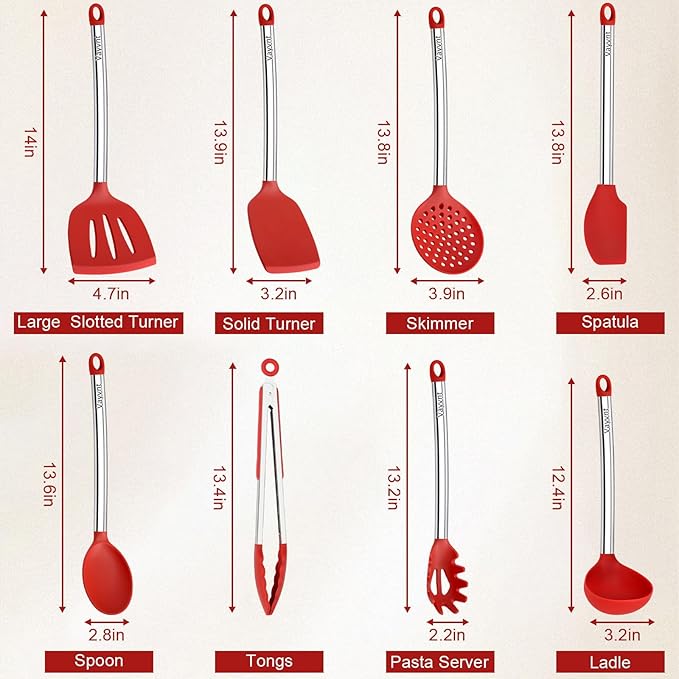 8 PCS Silicone Kitchen Utensils, Vayvnt Large Cooking Utensils Set for Nonstick Cookware, Silicone Spatula Set Includes Spoons and Tongs, Kitchen Essentials for Cooking & Baking, Dishwasher Safe, Red