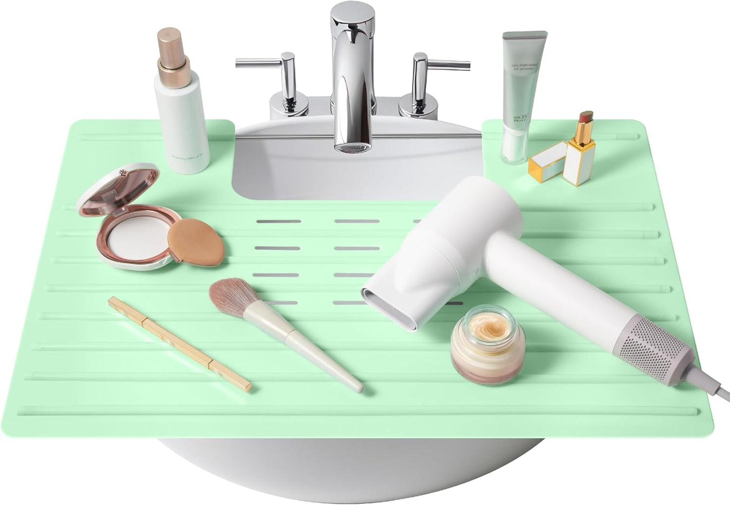 Maplefield Silicone Over-the-Sink Makeup Mat - Mint 22 x 2 x 2 In - Heat-Resistant up to 400°F - Foldable Sink Cover for Counter Space - Travel-Friendly Vanity Topper