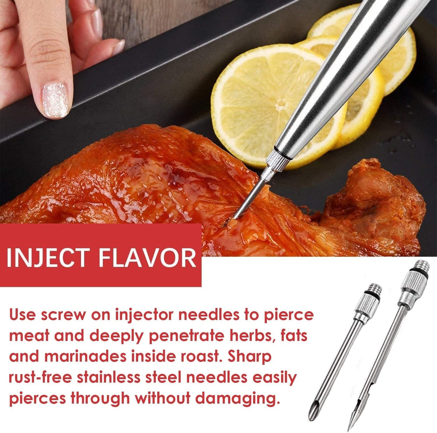 KAYCROWN Stainless Steel Turkey Baster Commercial Grade Quality Rubber Bulb Including 2 Marinade Injector Needles and Brush for Easy Clean Up