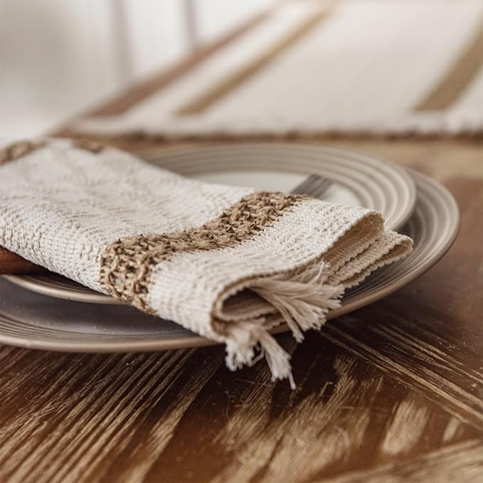 Niviy Boho Placemats Set of 12, 12x18 Inch Natural Cotton Burlap and Kitchen Woven Placemats with Tassels for Dining Table Centerpiece Thanksgiving Home Decorations