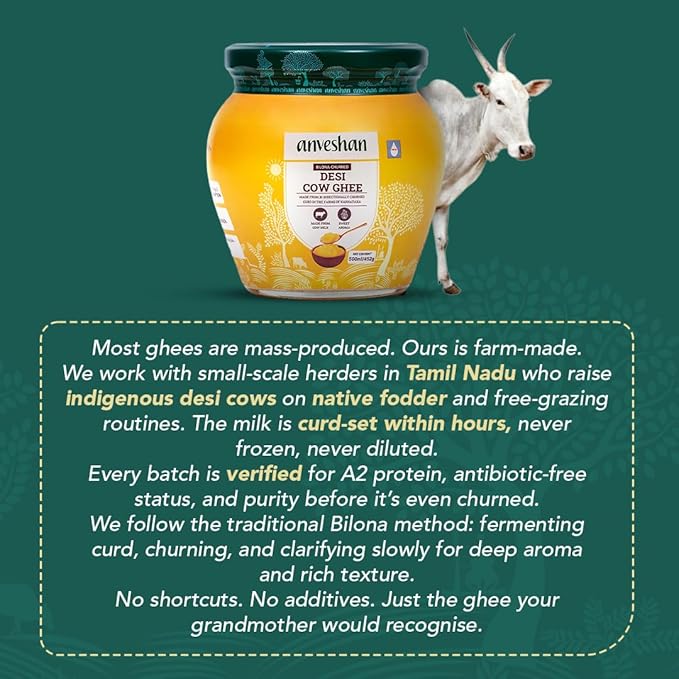 Anveshan Cow Ghee | Traditionally Bilona-Churned |Gut friendly |Keto friendly |High smoke point | Sustainably sourced | Casein free| Clarified Butter | 16.8 Fl. Oz (500mL)