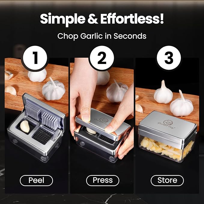 Garlic Press Stainless Steel, Garlic Chopper Mini & Slicer Super Thin 2 in 1, Odor Free Ginger Dicer with Storage Container, Dishwasher Safe Mini Chopper, Premium Mincer with 5 Year Warranty
