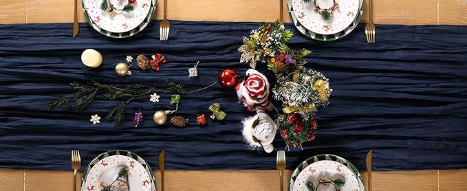Navy Blue Cheesecloth Table Runner Christmas Table Runner Boho Gauze 120 Inches Navy Cheese Cloth Table Decor for Xmas Holiday Season Parties Wedding Bridal Baby Shower Party Christmas Dinner