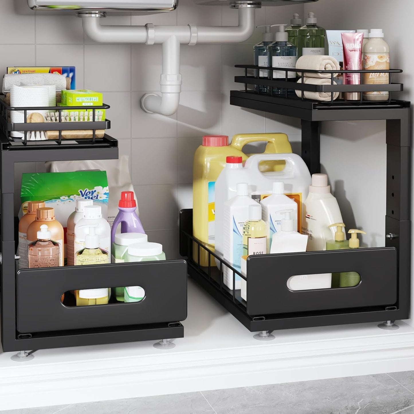 2 Pack Under Sink Organizer Upgrade To Professional Rails,2-Tier Dual Pull Out Cabinet Storage,Height Adjustable Slide Out Drawers For Bathroom Kitchen,Under Sink Shelf (Patent Registered)