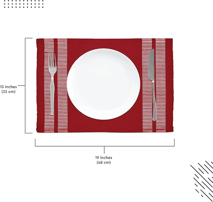 Encasa XO Dining Placemat Set of 6 | Solid Ladder Red Color | Fine Ribbed Cotton Table mat | Size 18x13 in |for Dining Table Fall Decoration, Holiday & Christmas Festivals - Machine Washable