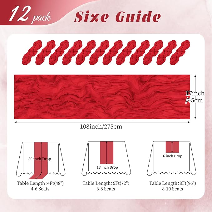 12 Pack Red Cheesecloth Table Runner 17x108 Inch Semi Sheer Boho Gauze Cheese Cloth Fabric Table Runners, for Wedding Party Baby Shower Birthday Home Decor Garden Farmhouse