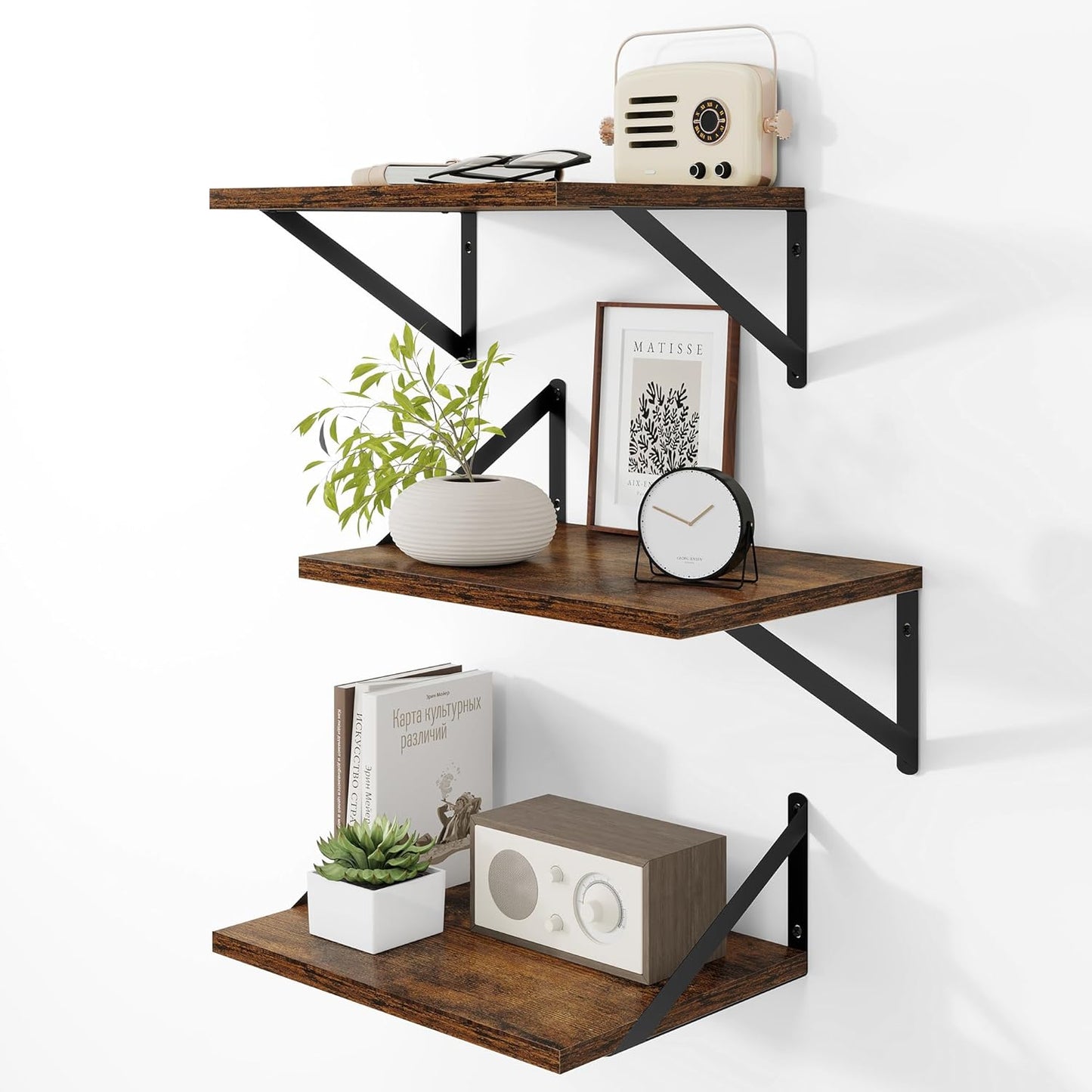 Heimlove Deep Floating Shelves for Wall, 12 Inch Deep Floating Shelves Set of 3, 16W x 12D Wood Wall Shelves, Wide Shelves with Metal Bracket for Living Room, Kitchen, Office, Bedroom - Rustic Brown