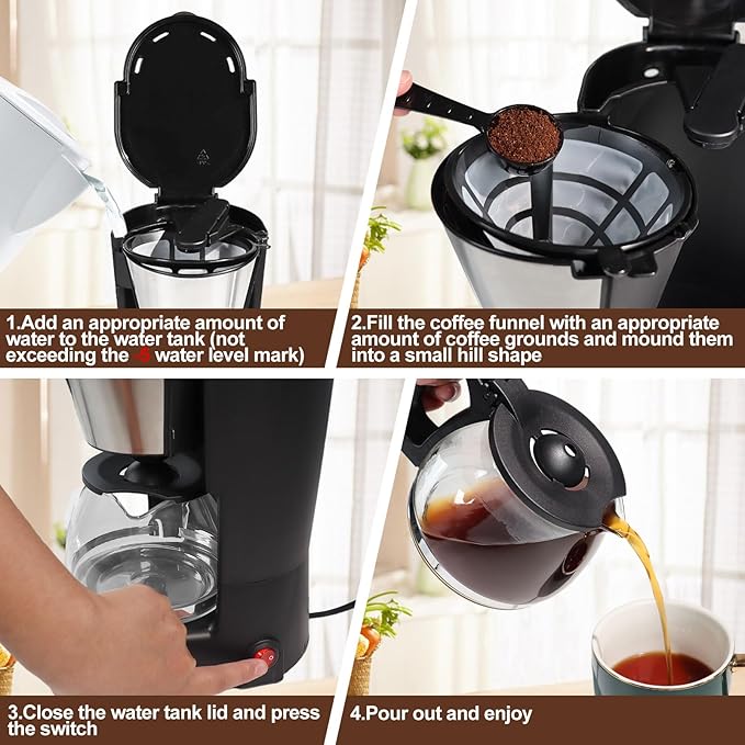 5 Cup Drip Coffee Maker One-Touch Anti-Drip Coffee Machine with Reusable Filter Carafe Auto Keep Warm Plate Spoon Coffee Pot Suitable for Home Use 110V