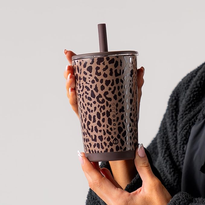 HydroJug Everyday Tumbler 14 oz – Ceramic-Lined Insulated Tumbler with Straw and Soft-Touch Lid, Cup Holder Friendly, Double-Wall Vacuum Insulation, Reusable Travel Cup – Brown Leopard