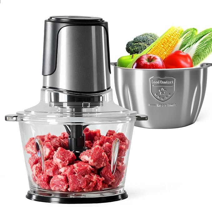 OLIXIS Electric Food Processor, 450W Meat Grinder & Vegetable Chopper with 2 Bowels for Home Use, Food Chopper with Double S-Blades for Vegetable, Onion, Garlic, Meat, Nuts