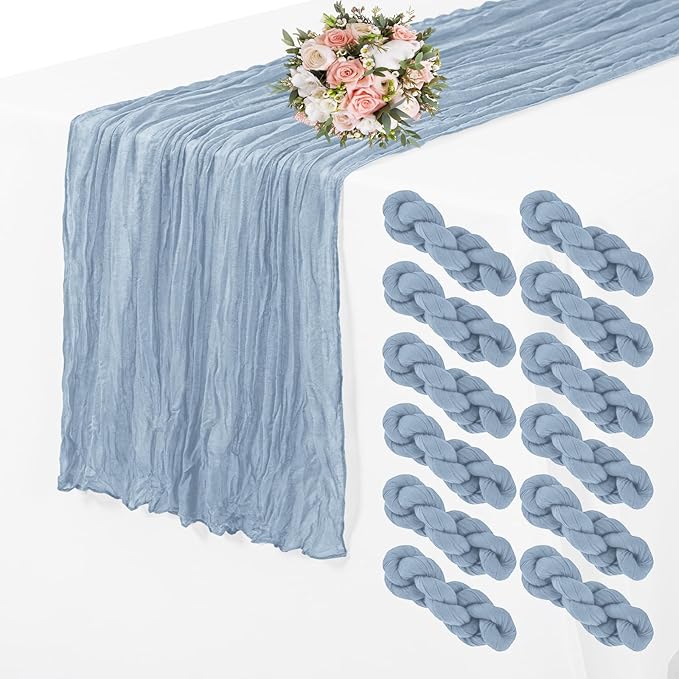 12 Pack Cheesecloth Table Runner 35 x 70 inch Long Boho Cheese Cloth Gauze Table Runners Semi Sheer Table Runner for Wedding Decor, Bridal Shower, Birthday Party (Dusty Blue)