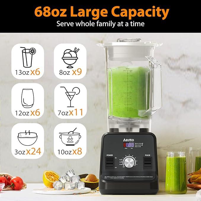 Aeitto Blender with 1500-Watt Motor, 68 Oz Large Capacity Blenders for Kitchen, Countertop Professional Blenders for Ice Crush, Frozen Drinks, Black