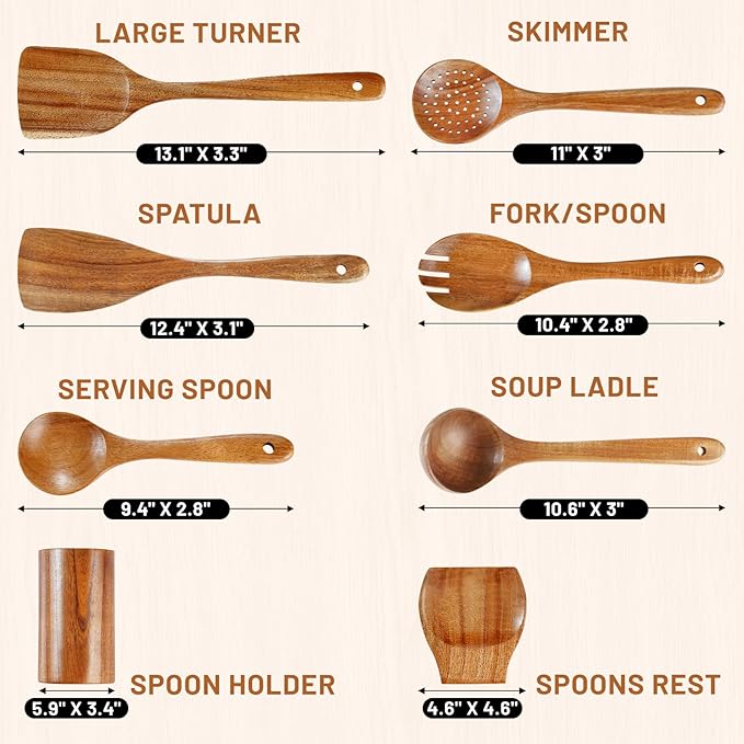 Unokit Cooking Utensils Set for Kitchen - 8 Piece Nonstick Natural Teak Wooden Spoons for Cooking, Comfort Grip Kitchen Utensils Set, Teak Wooden Utensil Set with Holder and Spoon Rest