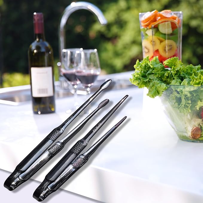 Premium Black Cooking Tongs - 304 Stainless Steel, Comfortable Grip, Non-Slip Design, High Heat Resistant - Ideal for Home, Kitchen, Barbecue & Frying Steak (black, 9 ＋12Inch)