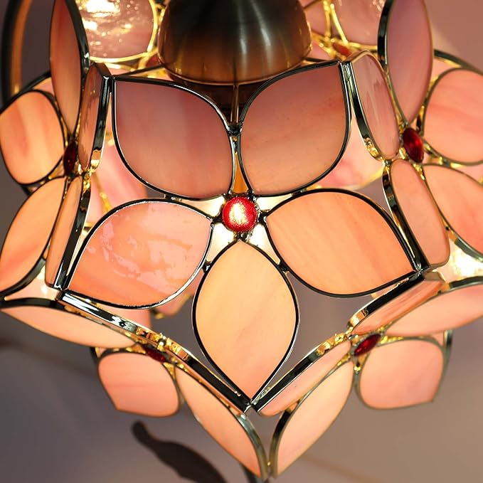 Bieye L10832 Tiffany Style Stained Glass Flower Petal Table Lamp with Brass Base for Home Décor (Pink, 8" Apple Blossom)