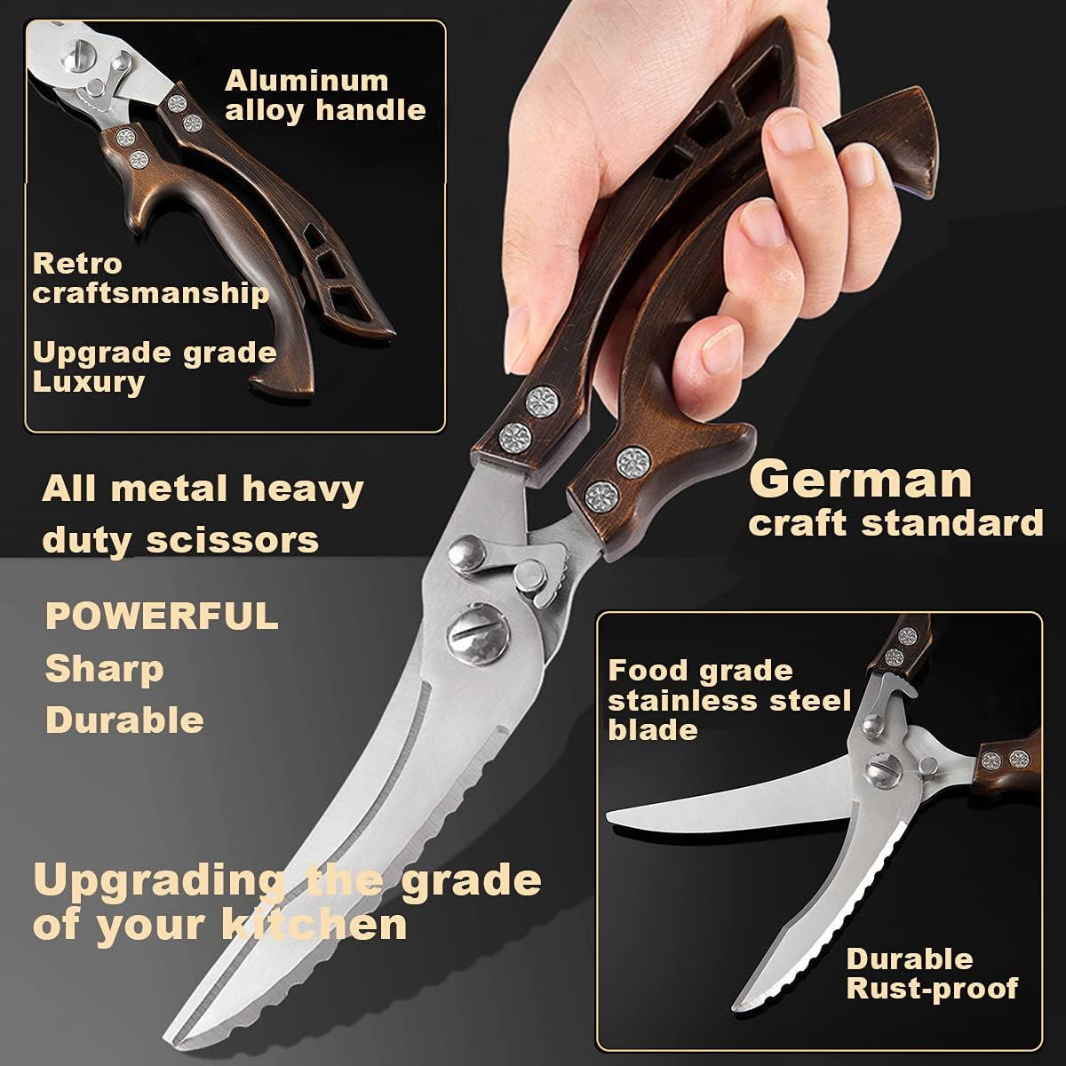 ANDONG Kitchen Scissors, Heavy Duty Professional Poultry Shears, Stainless Steel Spring Loaded, Dishwasher Safe, with Black Leather Sheath