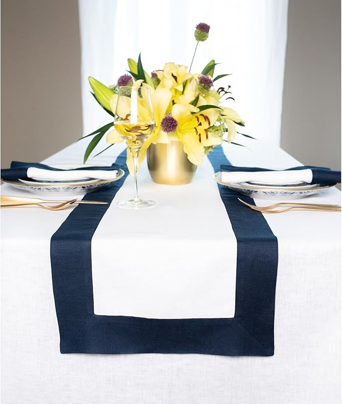 Solino Home Linen Table Runner 36 Inches - 100% Pure Linen Navy and White Table Runner 14 x 36 Inch Ideal for Dresser and Coffee Tables - Holiday, Winter - Contempo