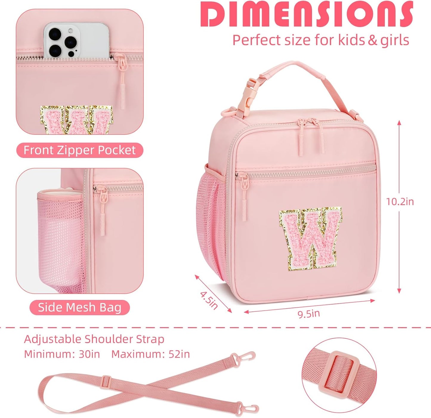 Initial Insulated Lunch Bag for Girls Kids, Back to School Gift, Reusable Leak-proof Lunch Box with Adjustable Strap for School Daycare Travel Picnic (Pink,W)
