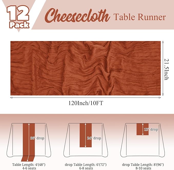 12 Pack Terracotta Fall Table Runner 10Ft Cheesecloth Table Runner Rustic Gauze Table Runners Romantic Long Sheer Fabric Cheese Cloth Table Runners for Wedding Party Bridal Baby Shower