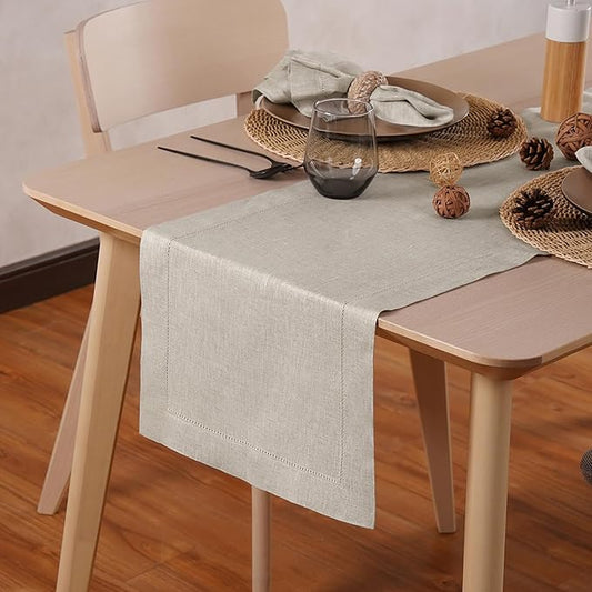 Home Ekaa Linen Light Natural Table Runner 90 Inches - 100% Pure Linen Cloth Fabric Hemstitch Table Runner 14 x 90 Inch for Dining, Dresser, Thanksgiving, Fall Christmas - Lino
