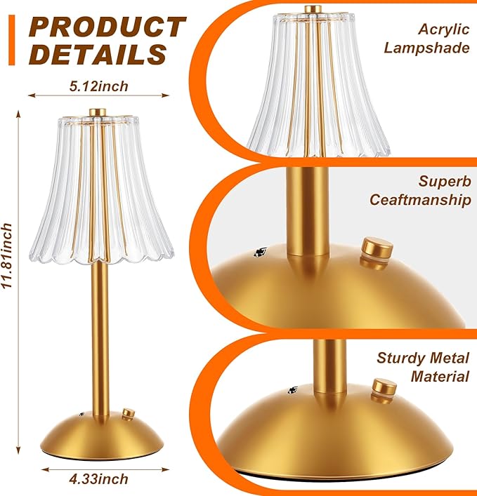 Liliful 20 Pcs Cordless Table Lamp Rechargeable Touch LED Small Gold Portable Battery Operated USB-c Desk Lamp 3 Color Dimmable for Bedroom Living Room Dining (Gold,Rose Style)