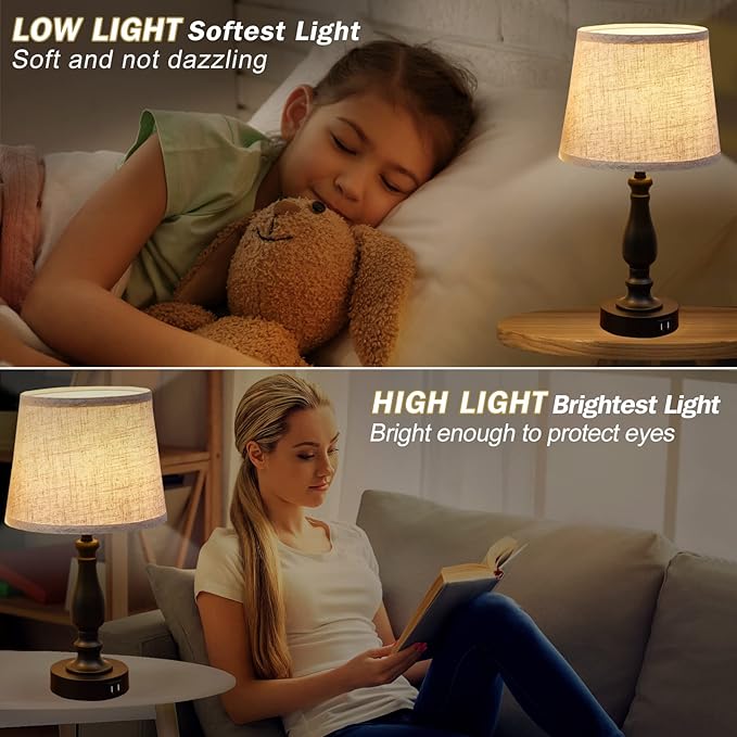 Table Lamps Set of 2, Bedside Nightstand Lamps with USB Charging Ports,Dimmable Touch with Linen Fabric Lampshade, Modern Small Lamp for Bedrooms, Living Room (Bulbs Included)