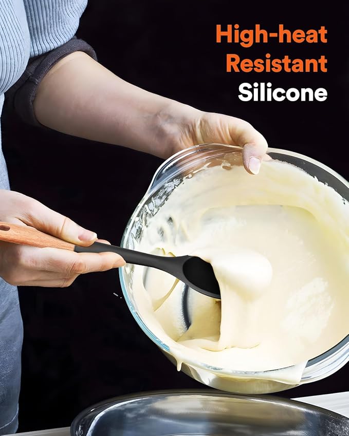 Large Silicone Cooking Spoons, Nonstick Solid Wooden Handle Spoon, Heat Resistan Silicone Kitchen Spoons for Cooking, Serving, Basting, Mixing, 13.2inch (Black)