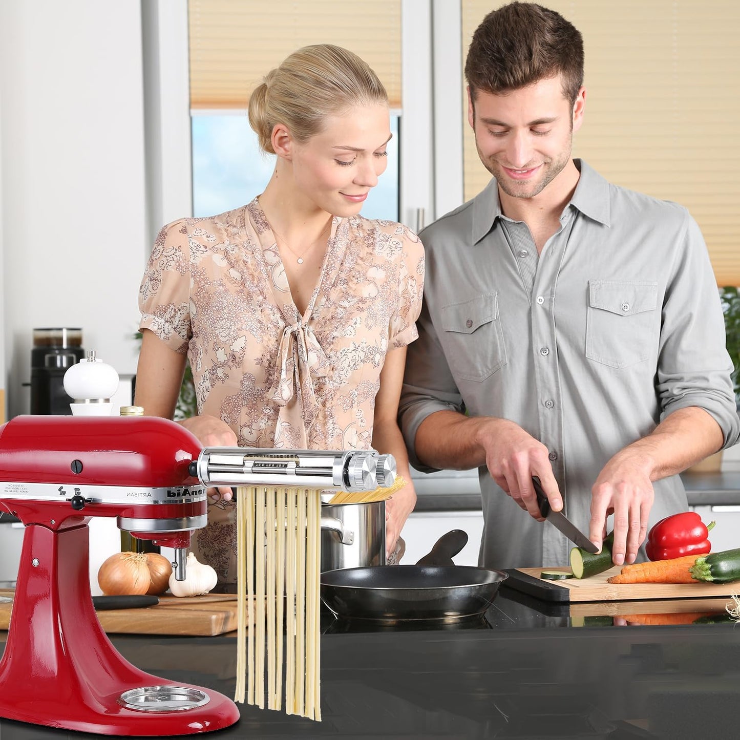 Pasta Maker for Kitchenaid Attachments, 3 in 1 Stainless Steel Pasta Attachment for Kitchenaid Stand Mixer, Included Pasta Roller, Spaghetti&Fettuccine Cutter, 1 Metal Knob Screw Replacement