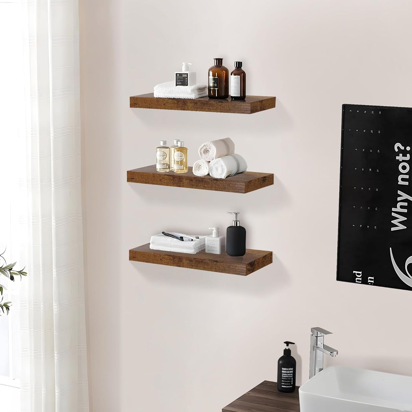 Colima Floating Shelves for Bedroom, Bathroom, Living Room, Kitchen, Office - 15 Inch Wall Mounted, Set of 3 - 1.3" Thick Brown Wood Floating Book Shelves
