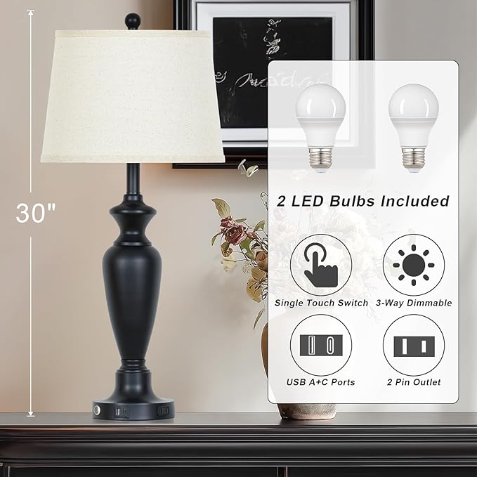 30" Tall Table Lamps Set of 2, Touch Control Bedside Lamp with USB A+C Ports and AC Outlet, 3-Way Dimmable Modern Metal Nightstand Lamp for Bedroom Living Room, 2 LED Bulbs Included, Black