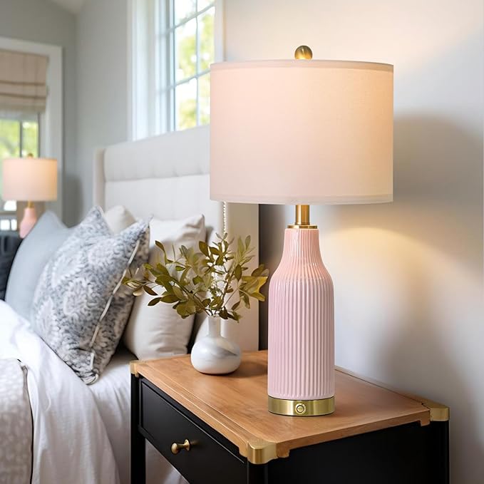 24.5" Modern 3-Way Dimmable Touch Control with USB A+C Ceramic Lamps Set of 2 Table Lamp for Living Room Bedroom Farmhouse Nightstand Bedside Pink