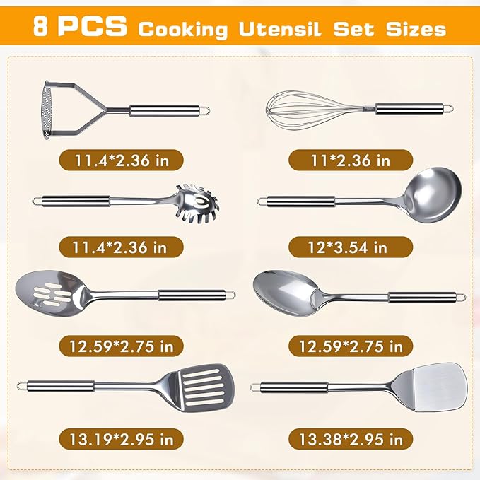 13 Pcs Stainless Steel Cooking Utensils Set, Heat Resistant Metal Kitchen Tools Include Utensil Holder, Solid & Slotted Spatula, Spoon, Ladle, Pasta Server,Potato Maseher, Egg Whisk, Meat Fork, Silver