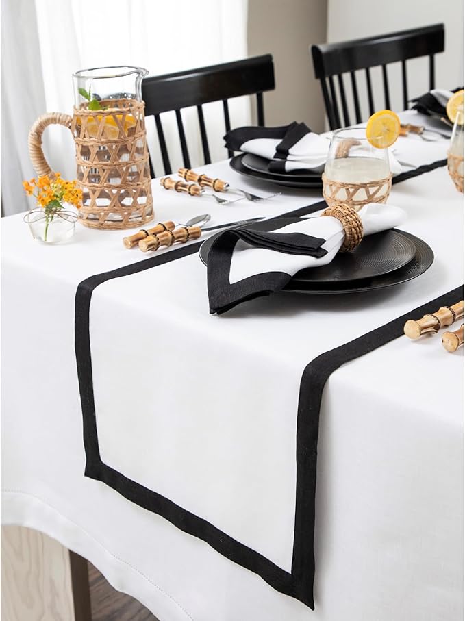 Solino Home Linen Table Runner 60 Inches - 100% Pure Linen Black and White Small Table Runner 14 x 60 Inch Ideal for Dresser and Coffee Tables - Winter, Holiday - Classic