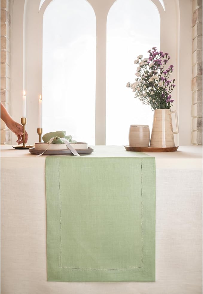 D'Moksha Homes Linen Sage Green Table Runner 90 Inches Long - Classic Hemstitch 100% Pure Linen Dining Table Runner 14 x 90 Inch for Winter, Christmas, Holiday, New Year