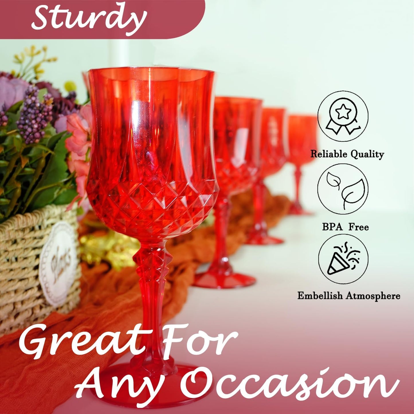 Plastic Wine Glasses，Plastic Goblets Vintage Style Cordial Drinking Glasses for Wedding Reception, Grand Event Party Supplies (48, Red)