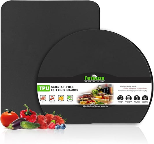 Fotouzy Silicone TPU Flexible Cutting Boards for Kitchen, Thick Rubber Cutting Board Mats, Black Cutting Mats for Kitchen Dishwasher Safe, BPA Free