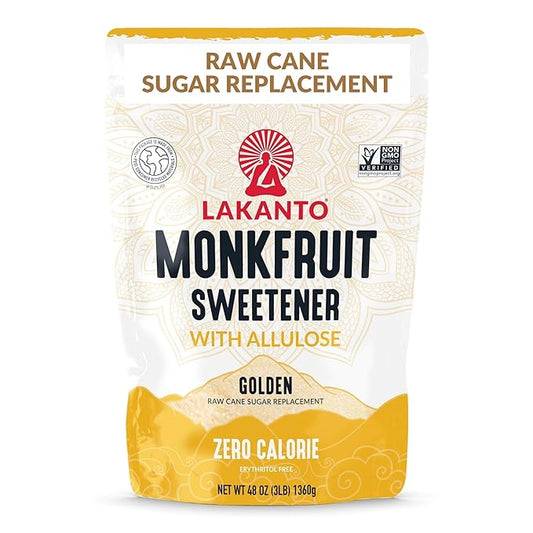 Lakanto Golden Monk Fruit Sweetener With Allulose, Raw Cane Sugar Substitute From Monk Fruit Extract, Raw Sugar Replacement for Baking, Coffee & Tea, Gluten Free, Low Carb, Non GMO, Keto, 3 LB Bag