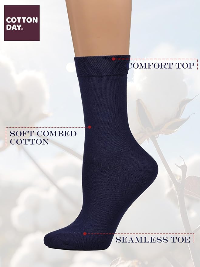 COTTON DAY Women's Soft Combed Cotton Dress Socks Seamless Toe Black White Gray Navy Blue Brown Beige