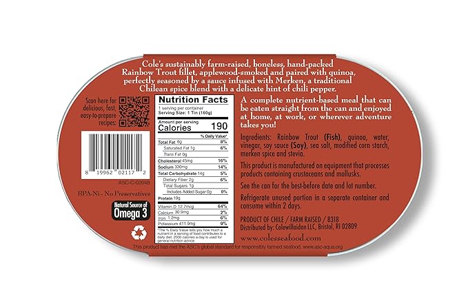 COLE’S - Smoked Rainbow Trout Fillet with Quinoa | Open & Ready to Eat Meal | 5.6 oz Canned & Hand-Packed | 19g Protein | High in Vitamin D | 12 pack
