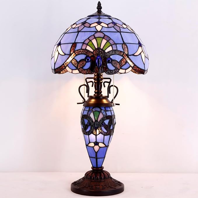 WERFACTORY Tiffany Style Table Lamp Lavender Blue Purple Baroque Stained Glass 12X12X22 Inches Mother-Daughter Vase Desk Light Decor Bedroom Living Room Home Office S003C Series