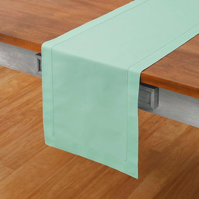 Solino Home Table Runner 108 Inches Long - Cotton Linen Hemstitch Aqua Table Runner 14 x 108 Inch