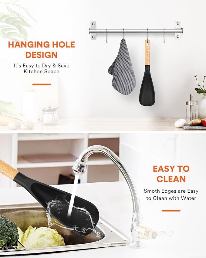 Cooking Spoon for Nonstick Cookwares, Great for Cooking and Serving Sturdy BPA-Free Matte Silicone, Wood Handle Spoon for Mixing, Scoop, and Scrape (Black)