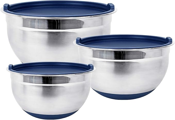 Stainless Steel Mixing Bowls with Lids and Non Slip Bases (Set of 3, Blue)